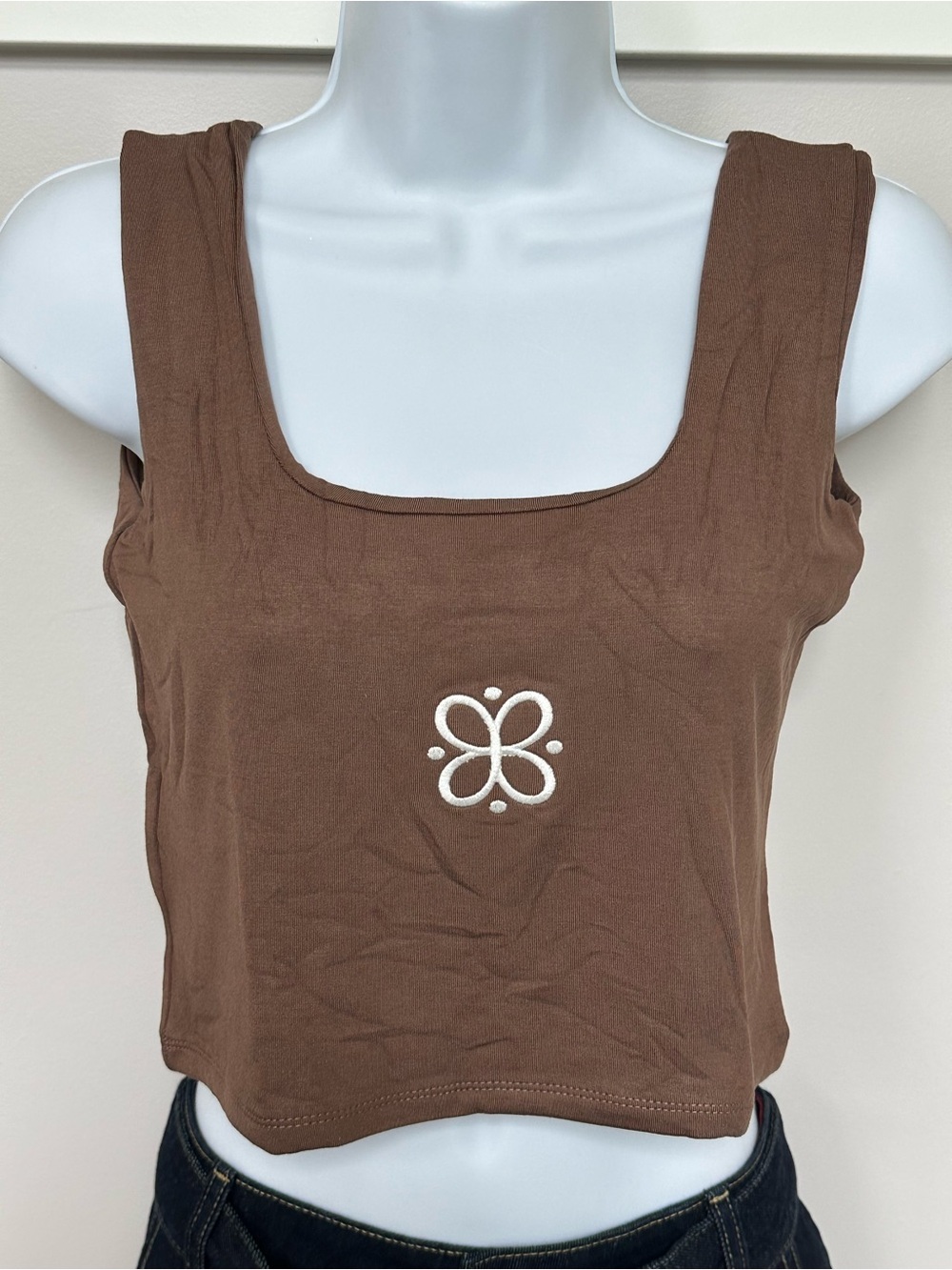 Brown Embroidered Square-Neck Crop Tank Top